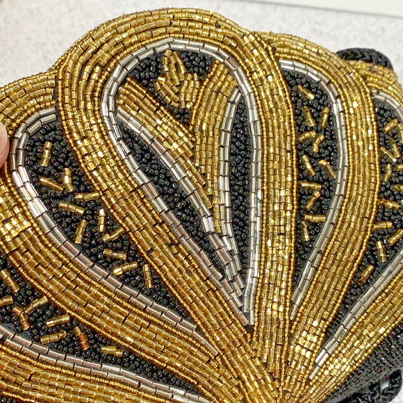 Vintage Beaded Evening Bag Shoulderbag Dressy Purse Black & Gold Retro Disco - Picture 5 of 7
